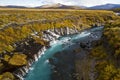 Aerial View of autumn foliage at Hraunfossar Waterfalls in Husafell, West Iceland Royalty Free Stock Photo