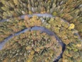 Aerial view of the autumn forest and small stream. Way along the river in the mountains covered with green and colorful forest Royalty Free Stock Photo