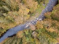 Aerial view of the autumn forest and small stream. Way along the river in the mountains covered with green and colorful forest Royalty Free Stock Photo