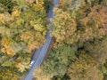 Aerial view of the autumn forest and small stream. Way along the river in the mountains covered with green and colorful forest Royalty Free Stock Photo