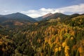 Aerial view of autumn mountain landscape with evergreen pine trees and yellow fall forest with magestic mountains in distance Royalty Free Stock Photo