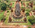 Aerial view of Ayutthaya temple, Wat Ratchaburana, empty during covid, in Phra Nakhon Si Ayutthaya, Historic City in