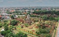 Aerial view of Ayutthaya temple, Wat Ratchaburana, empty during covid, in Phra Nakhon Si Ayutthaya, Historic City in