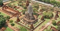 Aerial view of Ayutthaya temple, Wat Ratchaburana, empty during covid, in Phra Nakhon Si Ayutthaya, Historic City in