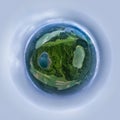 Aerial view of Azores, Portugal. Little planet panorama 360 degrees. Drone landscape in a Tiny planet image of Vila Franca Islet.