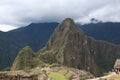 An aerial view of the back section of Machu Picchu with the astronomical buildings atop Huayna Picchu Royalty Free Stock Photo