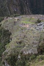 An aerial view of the back section of Machu Picchu, including farming terraces, the main temple and Intihuatana Royalty Free Stock Photo