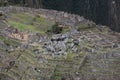 An aerial view of the back section of Machu Picchu, including farming terraces, rock quarry, the main temple, the main square