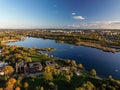 Aerial view of Bagry lake and autumn forest in Poland, amazing panoramic landscape Royalty Free Stock Photo