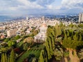 Aerial view of Bahai Garden and Bahai Temple, downtown, port and bay of Haifa on the Mediterranean Sea in Haifa, Israel Royalty Free Stock Photo