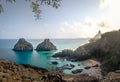 Aerial view of Baia dos Porcos, Morro Dois Irmaos and Morro do Pico - Fernando de Noronha, Pernambuco, Brazil