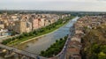 Aerial view of Balaguer with the river Segre, La Noguera, Province of Lleida, Catalonia, Spain