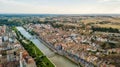 Aerial view of Balaguer with the river Segre, La Noguera, Province of Lleida, Catalonia, Spain