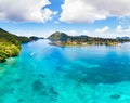 Aerial view Banda Islands Moluccas archipelago Indonesia, Pulau Gunung Api, Bandaneira village, coral reef caribbean sea. Kora Royalty Free Stock Photo