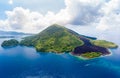 Aerial view Banda Islands Moluccas archipelago Indonesia, Pulau Gunung Api, lava flows, coral reef. Top travel tourist destination