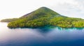 Aerial view Banda Islands Moluccas archipelago Indonesia, Pulau Gunung Api, lava flows, coral reef. Top travel tourist destination Royalty Free Stock Photo