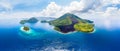 Aerial view Banda Islands Moluccas archipelago Indonesia, Pulau Gunung Api, lava flows, coral reef white sand beach. Top travel