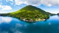 Aerial view Banda Islands Moluccas archipelago Indonesia, Pulau Gunung Api, lava flows, coral reef white sand beach. Top travel