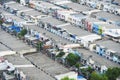 Aerial view of Bangkok City figuring poor houses in slums like district,heavily population and crowded,congested house in big city