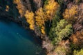 Aerial view on bank lake in the autumn sunny morning Royalty Free Stock Photo