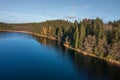 Aerial view on bank lake Bolduk in the autumn sunny morning Royalty Free Stock Photo