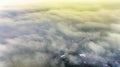 Aerial view of Bao Loc cityscape at morning with misty sky in Vietnam highlands