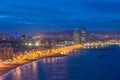 Aerial view of Barcelona Beach in summer night along seaside in Royalty Free Stock Photo