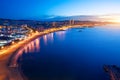 Aerial view of Barcelona Beach in summer night along seaside in Royalty Free Stock Photo