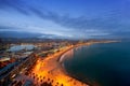 Aerial view of Barcelona Beach in summer night along seaside in Royalty Free Stock Photo