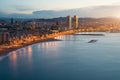 Aerial view of Barcelona Beach in summer night along seaside in Royalty Free Stock Photo