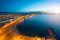 Aerial view of Barcelona Beach in summer night along seaside in Royalty Free Stock Photo