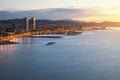 Aerial view of Barcelona Beach in summer night along seaside in Royalty Free Stock Photo