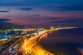 Aerial view of Barcelona Beach in summer night along seaside in Barcelona, Spain. Mediterranean Sea in Spain Royalty Free Stock Photo