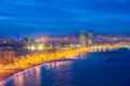 Aerial view of Barcelona Beach in summer night along seaside in Barcelona, Spain. Mediterranean Sea in Spain Royalty Free Stock Photo