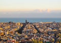 Aerial view of Barcelona city and mediterranean sea from Park Guell in sunset. Spain. November 2010 Royalty Free Stock Photo