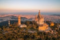 Aerial view of Barcelona skyline with Sagrat Cor temple during sunset, Catalonia, Spain Royalty Free Stock Photo