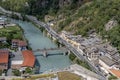 Aerial view of Bard and Hone divided by the Dora Baltea river, Aosta Valley, Italy