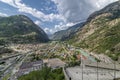 Aerial view of Bard and Hone divided by the Dora Baltea river, Aosta Valley, Italy