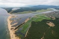 Aerial view of the Barguzin River flowing into Lake Baikal. Royalty Free Stock Photo