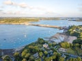 Aerial view on Barrage de la Rance in Brittany close to Saint Malo, Tidal energy at sunset Royalty Free Stock Photo