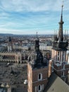 Aerial view of the Basilica of Saint Mary in Krakow on the background of bright blue sky