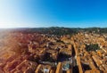 Aerial view of Basilica of San Domenico, Bologna, Italy at sunset. Colorful sky over the historical city center with car traffic Royalty Free Stock Photo