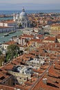 Aerial view of the Basilica Santa Maria della Salute from St Mark`s Campanile bell tower in VENICE, ITALY Royalty Free Stock Photo