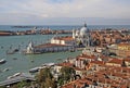 Aerial view of the Basilica Santa Maria della Salute from St Mark`s Campanile bell tower in VENICE, ITALY Royalty Free Stock Photo