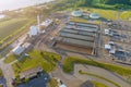 Aerial view of basins for sewage water aeration and cleaning in process of sewage treatment on Biological treatment