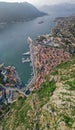 Aerial view of the Bay of Kotor, Boka. Old city of Kotor, fortifications. Tourism and cruise. Montenegro Royalty Free Stock Photo