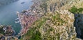 Aerial view of the Bay of Kotor, Boka. Old city of Kotor, fortifications. Tourism and cruise. Montenegro Royalty Free Stock Photo