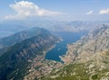 Aerial view of the Bay of Kotor, Boka. Old city of Kotor, fortifications. Tourism and cruise. Montenegro Royalty Free Stock Photo