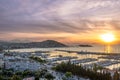 Aerial view of bay of kusadasi port parked with yachts and boats at sunset Royalty Free Stock Photo