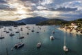 Aerial view of a bay with sailing boats at sunset Royalty Free Stock Photo